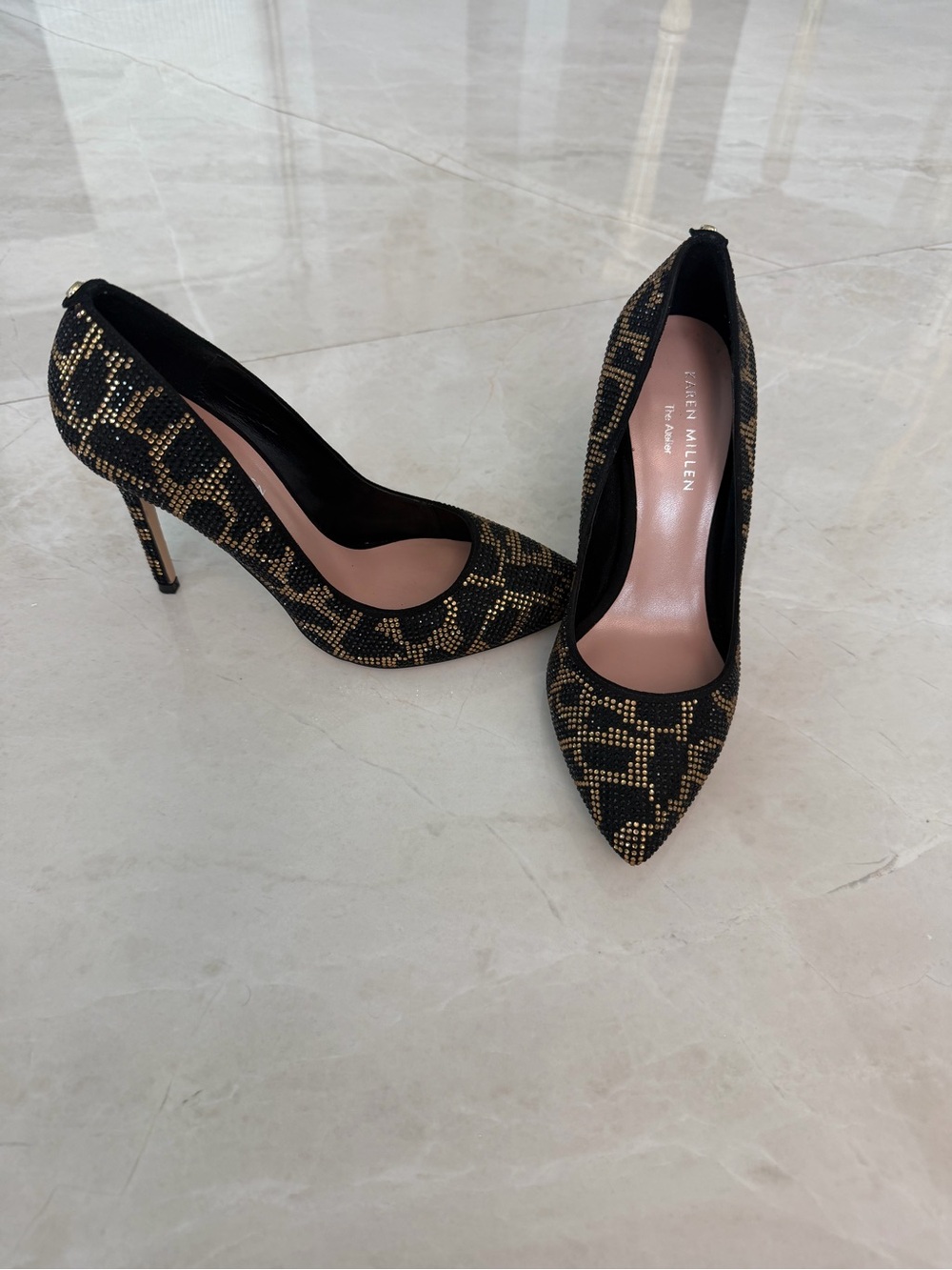 Karen Millen Black and Gold Patterned Pointed Toe Stilettos